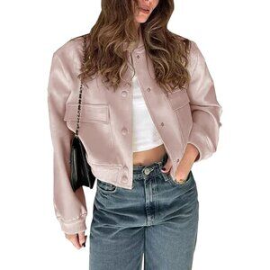 Women Pink Cropped Bomber Jacket Button Down Varsity Shacket with Pockets